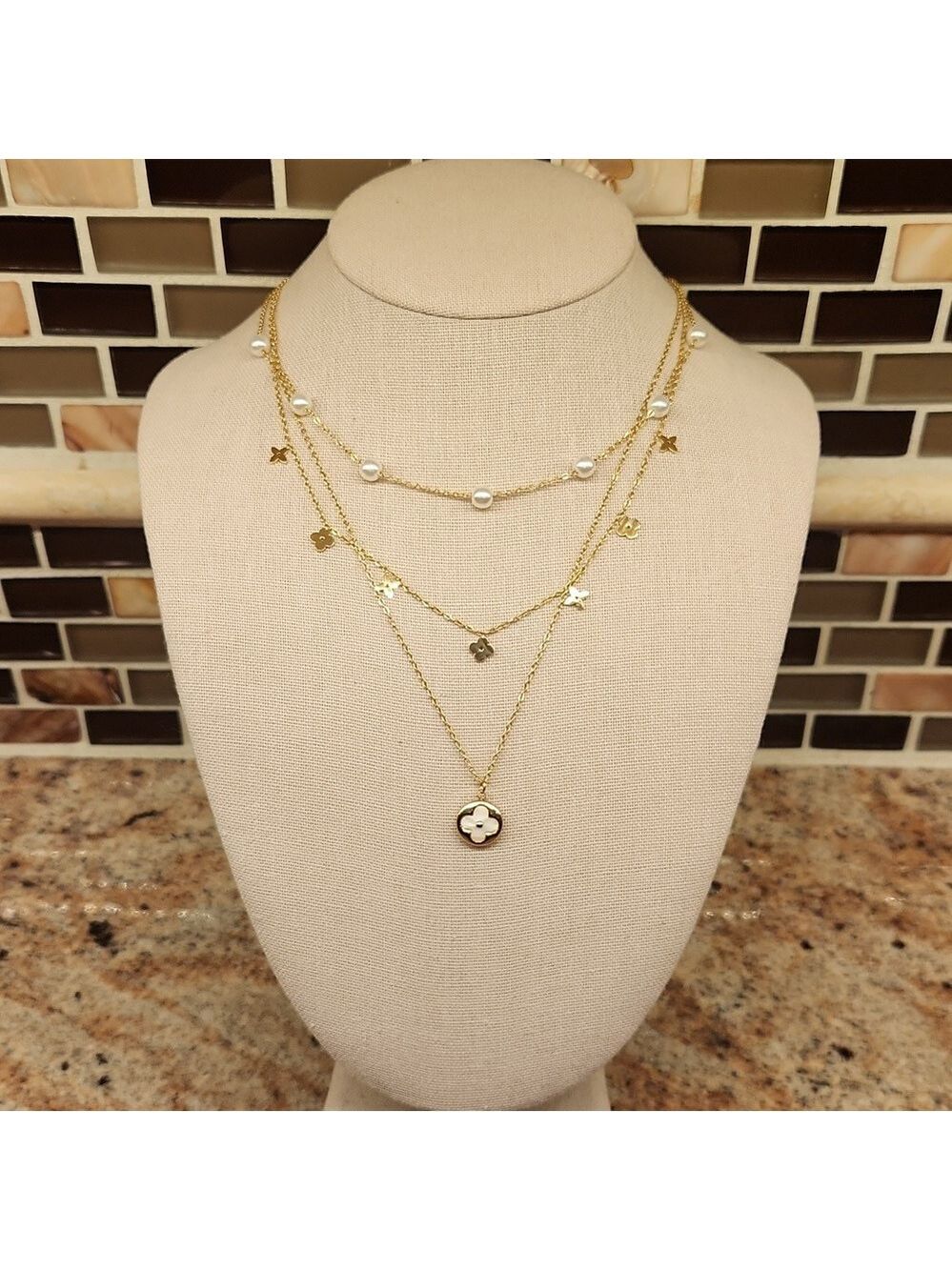 18K Gold Plated Layered Clover & Faux Pearl Station Necklace - Picture 4 of 10